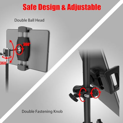 Kereal Tablet Holder for Mic Stand with 360° Ball Head and 3/8 to 1/4 Adapter, Microphone Stand Music Stand Tablet Phone Holder for Tripod, Fit for All 4.7 to 12.9 iPhone, Ipad, Andriod Smartphone - size: tablet holder