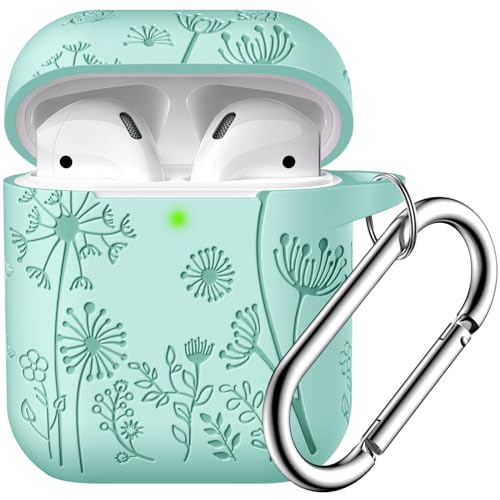 Lerobo for AirPod Case, Compatible with AirPods Case 2nd Generation | Engraved Flower Soft Silicone Cover with Keychain for AirPods 2/1, Wireless Charging, Scratchproof, One-piece Design - color: Mint Green