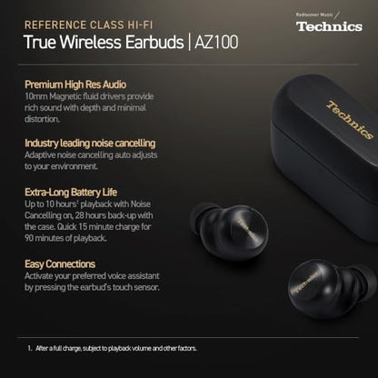 Technics Reference Class Hi-Fi Wireless Ear Buds, Dolby Atmos with Head Tracking, Adaptive Noise Cancelling, 3 Device Multipoint, 10-Hr Battery, Wireless Charging, Improved Fit, EAH-AZ100-K(Black) | Head Tracking, Adaptive Noise-canceling, 3 Device Multip