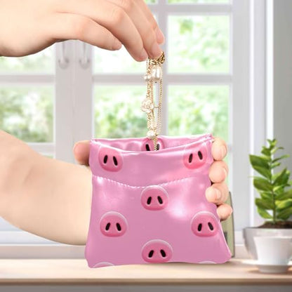 Leather Waterproof Portable No Zipper Purse, Coin Pocket Pouch Change Holder, Small Storage Bag for Men Women Headset Credit Card ID Key Lipstick, (Cute Pig Snouts)