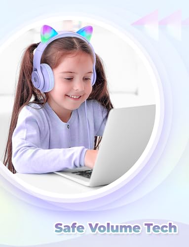 iClever HS20 Kids Headphones for Toddler Girls, Cat Ear LED Light Up School | SafeSound Tech, 3.5mm Wired Foldable FunShare, Stereo Sound, Over-Ear Headphones for Kids for iPad/Tablet/Travel/Gift, Purple - color: Purple