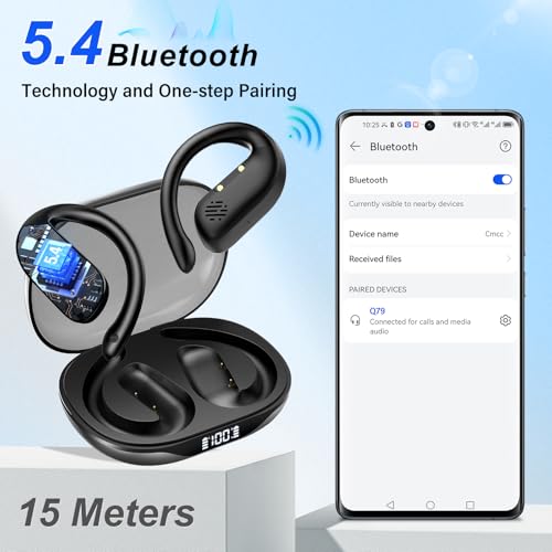 Open Ear Earbuds, Spatial Audio Wireless Earbuds with Smart Digital Display | Bluetooth Headphones 5.4, 36H Playtime, IP7 Waterproof, Touch Control Operate Fit Cycling, Running, Workout, Travel, Gaming