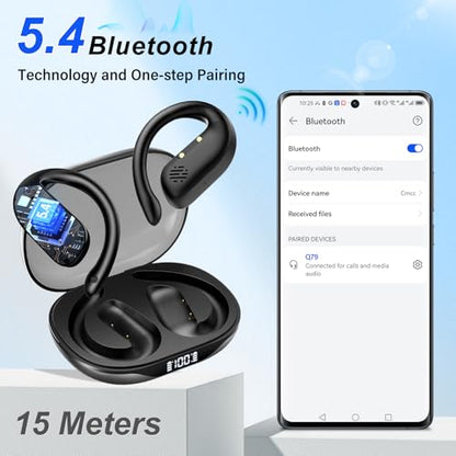 Open Ear Earbuds, Spatial Audio Wireless Earbuds with Smart Digital Display | Bluetooth Headphones 5.4, 36H Playtime, IP7 Waterproof, Touch Control Operate Fit Cycling, Running, Workout, Travel, Gaming