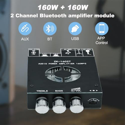 ZK-1602T 160W+160W Bluetooth Amplifier Board with Treble and Bass Control, 2.0 Channel Stereo Audio Mini Power Amplifier Board, TDA7498E Chip DC 15-36V, BT and AUX Inputs for DIY Wireless Speakers - size: Medium