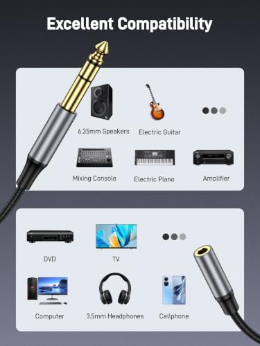 10FT 6.35mm (1/4 inch) to 3.5mm (1/8 inch) Headphone Jack Adapter, Gold Plated 1/8 inch Female to 1/4 inch Male Extension Cable for Mixer Guitar Piano Amplifier Speaker and More. - size: 10FT