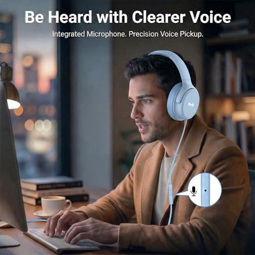 Wired Over-Ear Headphones, Mic, 3.5mm, USB-C Adapter, Blue | Over-ear comfort with inline mic, volume control, 3.5mm jack, and USB-C adapter for phones, laptops, PCs, and tablets. - color: Blue