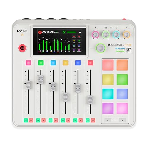 Rode RODECaster Pro 2 White Bundle with 4x PodMic Dynamic Mics, 4 PSA1+ White Boom Arms, 4 Cans50 Headphones, XLR Cables — 9-Channel APHEX Console for Podcasting, Streaming