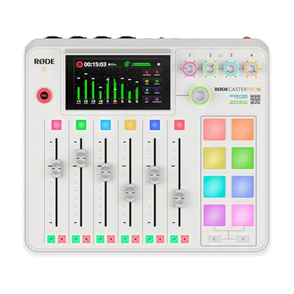 Rode RODECaster Pro 2 White Bundle with 4x PodMic Dynamic Mics, 4 PSA1+ White Boom Arms, 4 Cans50 Headphones, XLR Cables — 9-Channel APHEX Console for Podcasting, Streaming