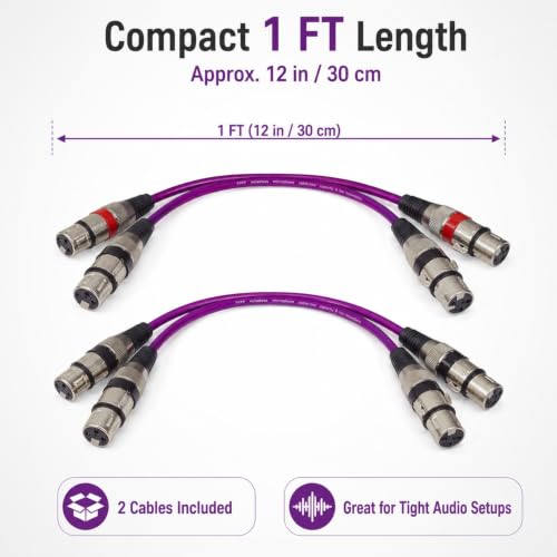 2-Pack Balanced XLR Female to Female Cable 1ft, Triple Shielded OFC Patch Cable for Studio Rack, Mixer, Patch Bay, DMX, for Shure, for Focusrite Scarlett