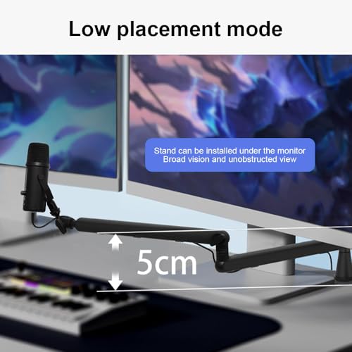 Microphone Boom Arm Low Adjustable Stick Microphone Arm Stand with Desk Mount Clamp Screw Adapter Cable Management Metal Mic Boom Arm for Podcast Streaming Gaming Studio