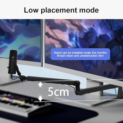 Microphone Boom Arm Low Adjustable Stick Microphone Arm Stand with Desk Mount Clamp Screw Adapter Cable Management Metal Mic Boom Arm for Podcast Streaming Gaming Studio