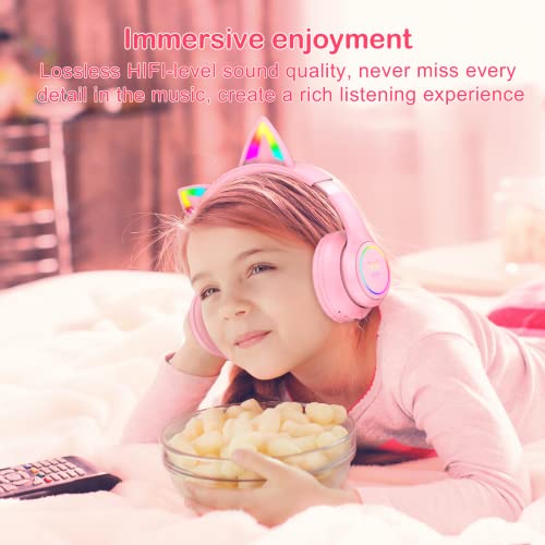 Bluetooth RGB Cat Ear Headphones, Foldable/Built-in Mic, A Pink | Wireless/wired, clear Hi-Fi sound, breathing lights, for kids/adults/girls/school/gaming, works with phone/laptop/PC/tablet - color: A Pink