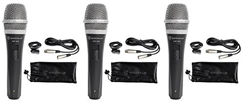 Rockville RMP-XLR Dynamic Cardioid Microphone with 10' XLR Cable, 3-Pack | Professional Wired Vocal Mic, On/Off Switch, Steel Mesh Grill, OFC Copper Cable, Includes Clip and Pouch, Studio and Stage
