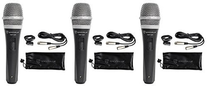 Rockville RMP-XLR Dynamic Cardioid Microphone with 10' XLR Cable, 3-Pack | Professional Wired Vocal Mic, On/Off Switch, Steel Mesh Grill, OFC Copper Cable, Includes Clip and Pouch, Studio and Stage