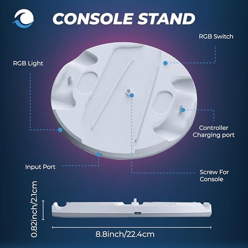 Stand with Dual Controller Charger for PS5 Slim – Vertical Console Stand with Headset Hook for PlayStation 5 - Cool RGB Lights - Efficient Charging - Charging Station for Dualsense and Edge Gamepad