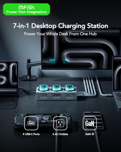 E-Tank 7-in-1 Desktop Charging Station, 240W Max GaN USB-C Charger | 3 AC Outlets, 4 USB-C Ports, 240W Shared USB-C Output, 140W PD 3.1 Fast Charging, Smart Power Sharing, RGB Lighting - color: 240W Charger Station - Gray