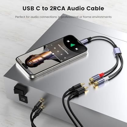 MOSWAG USB-C to Dual RCA 오디오 어댑터 케이블 암 | PC, 휴대폰, 태블릿, 스피커, 앰프, 자동차 스테레오용 금 도금 브레이드 오디오 스플리터, 안정적이며 잦은 연결, 플러그 앤 플레이를 견딜 수 있습니다 - size: 1 Pack