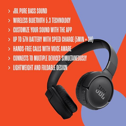 JBL Tune 520BT - Wireless On-Ear Headphones, Up to 57H Battery Life and Speed Charge, Lightweight, Comfortable and Foldable Design, Hands-Free Calls with Voice Aware (White) - color: White