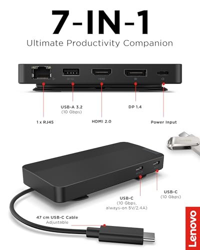 Lenovo USB-C 듀얼 디스플레이 여행용 도크 - 7 포트, 통합 케이블, 범용 호환성, 4K에서 디스플레이 2개 - 블랙 - style: USB 도크