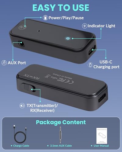 Aux Bluetooth 5.3 Adapter for Car, 2 in 1 Bluetooth Aux Car Adapter Receiver, Auxiliar Audio Blue Tooth para Carro Wireless Dongle with 3.5mm Jack for Stereo Systems and Headphones