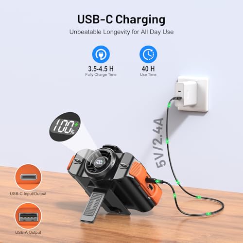 Portable Waist Fan 4-in-1, 16000 RPM Max 5-Speed Rechargeable Clip-On Fan with Bluetooth Speaker, Emergency Power Source 8000mAh, LED Light, Digital Display for Travel Camping Office