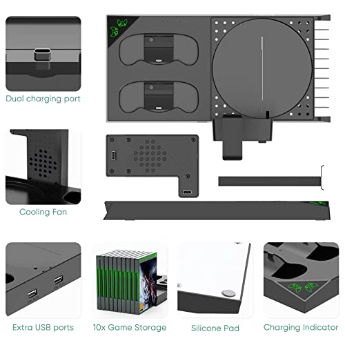 FASTSNAIL Vertical Cooling Fan & Charging Stand for Xbox Series X, Charger Station for Xbox Series X Controller with 2 Pack 1400mAh Rechargeable Batteries, Accessories with Game Slot & Headset Holder
