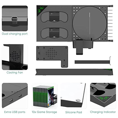 FASTSNAIL Vertical Cooling Fan & Charging Stand for Xbox Series X, Charger Station for Xbox Series X Controller with 2 Pack 1400mAh Rechargeable Batteries, Accessories with Game Slot & Headset Holder
