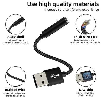 USB to 3.5mm Jack Audio Adapter Aux Headphone Interface Pc Sound External Plug Phone Car Microphone Computer Auxiliary Splitter Port for iPhone Headset Cable Adaptor Compatible for Samsung