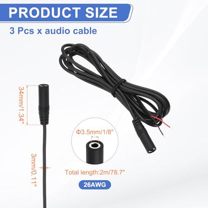 MECCANIXITY 3pcs 3.5mm Female Jack to Bare Wire Open End Replacement 26AWG TRS 2 Pole Stereo 1/8" Mono Jack to Bare Wire 34mm for Earphone Headphone Cable Repair, 78.7inches - size: 78.7inches