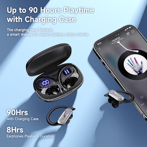 Sports Wireless Earbuds with Ear Hooks, Bluetooth 6.1 Noise Canceling Headphones, 90H Playtime LED Display, IPX7 Waterproof Running Workout Earphones, Black