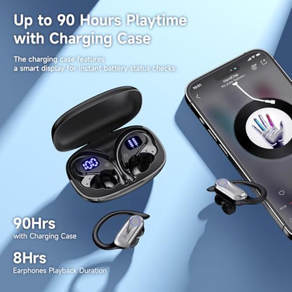 Sports Wireless Earbuds with Ear Hooks, Bluetooth 6.1 Noise Canceling Headphones, 90H Playtime LED Display, IPX7 Waterproof Running Workout Earphones, Black