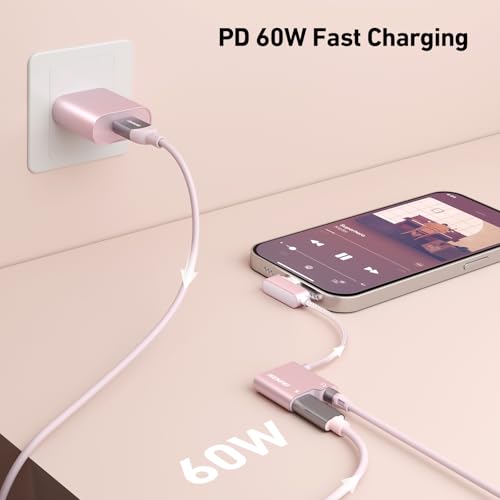 BENFEI USB C to Audio Jack Adapter with 60W Fast Charging, USB-C to 3.5mm Female Headphone Compatible with iPhone 16/15 Pro Max/Pro, Samsung Galaxy S24/S23/S22/S21 Ultra, iPad Pro, Pixel 8 Pink - color: pink, size: 3.5mm + PD