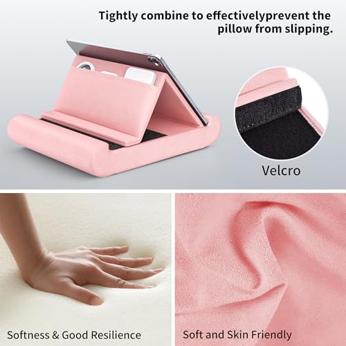 Tablet Pillow Stand, Foldable Tablet Holder for Lap, Bed, Soft Pillow Pad | with Pocket and Stylus Mount, for 4-13" Tablets, Like iPad Pro 11, 13, Air, Mini, Kindle, Galaxy Tab, Pink - color: Pink