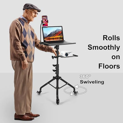 Tossbiss Laptop Tripod on Wheels with 2 Shelves | Portable Projector Floor Stand Adjustable Height 25.9 to 51.8 Inch with Phone Holder, Projector Stand
