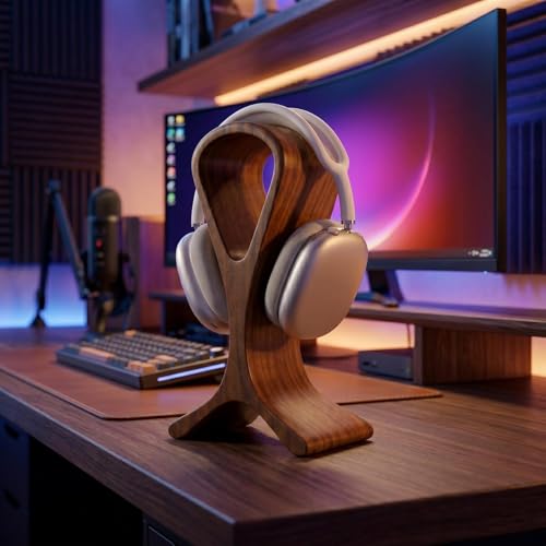 Wooden Headphone Stand for Desk – Premium Walnut Wood Headset Holder Compatible with AirPods Max, Gaming Headphones & Studio Headsets – Modern Desk Organizer & Headphone Display Stand
