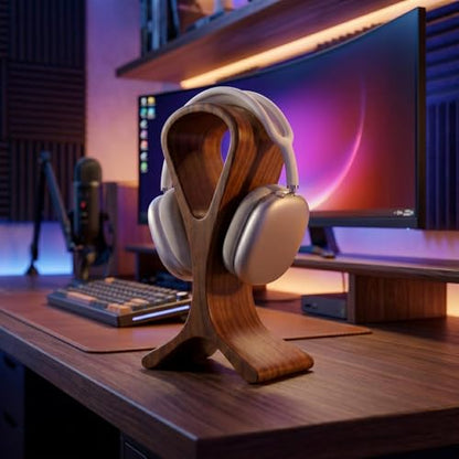 Wooden Headphone Stand for Desk – Premium Walnut Wood Headset Holder Compatible with AirPods Max, Gaming Headphones & Studio Headsets – Modern Desk Organizer & Headphone Display Stand