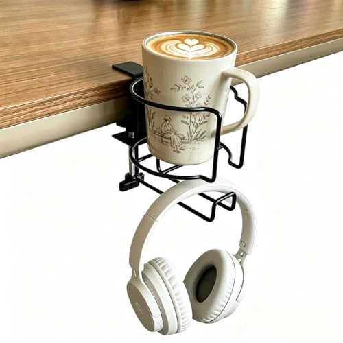 2 in 1 Desk Cup Holder with Headphone Hanger, Mug Hooks | Anti-Spill Clip-On Cup Holder Clamp for Office,Home,Gaming Desk&Lawn Chair - size: 2IN1