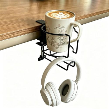 2 in 1 Desk Cup Holder with Headphone Hanger, Mug Hooks | Anti-Spill Clip-On Cup Holder Clamp for Office,Home,Gaming Desk&Lawn Chair - size: 2IN1