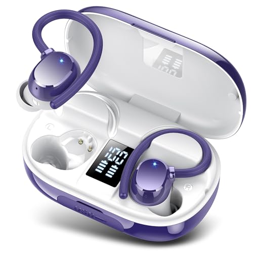 hadbleng Wireless Bluetooth Earbuds Sport 128H Playtime Bluetooth 5.3 Headphones with LED Display Powerful Bass Over Ear Earphones with Earhooks IP7 Waterproof - color: Dark purple