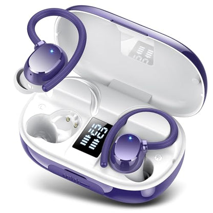 hadbleng Wireless Bluetooth Earbuds Sport 128H Playtime Bluetooth 5.3 Headphones with LED Display Powerful Bass Over Ear Earphones with Earhooks IP7 Waterproof - color: Dark purple