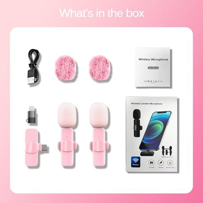 Pink Wireless Lavalier Microphone for iPhone & Android - Mini Clip-On Mic with Noise Cancellation, 65ft Range, 8H Battery, USB-C/Lightning - for TikTok, YouTube, Podcast, Live Streaming - color: Pink