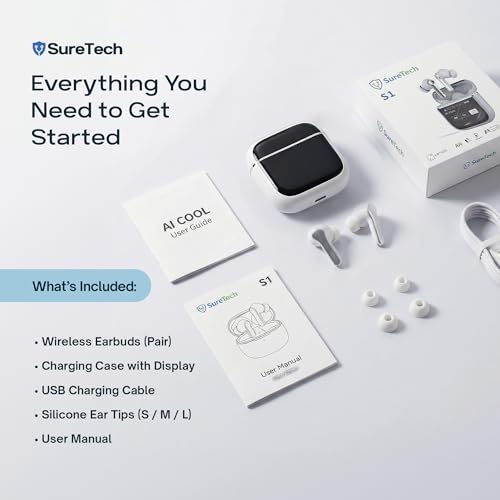 ANC Noise Cancelling Earbuds, Bluetooth 6.0, 60H Battery, White | ENC, AI translation via AICOOL app, touch control, waterproof, S/M/L silicone tips, 13mm drivers, low latency