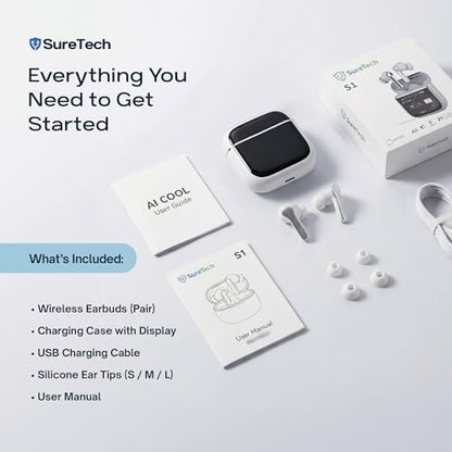 ANC Noise Cancelling Earbuds, Bluetooth 6.0, 60H Battery, White | ENC, AI translation via AICOOL app, touch control, waterproof, S/M/L silicone tips, 13mm drivers, low latency