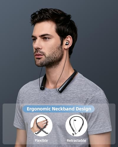 Neckband Bluetooth Headphones, Retractable Headphones Bluetooth 5.3 with IPX5 Sweatproof & Vibration Alert, Stereo Noise Cancelling for Music, Calls, Conference, Videos
