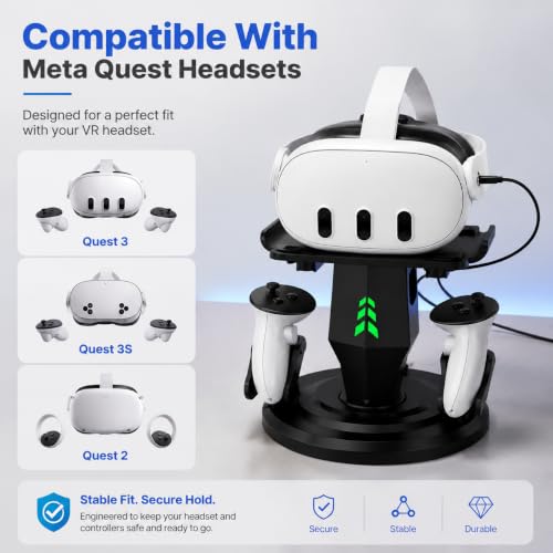 VR Charging Dock for Meta Quest 3, Quest 3S, Quest 2, VR Accessories | VR Headset Stand, Type-C Charger, Stable Anti-Slip Base, Space Saving Design