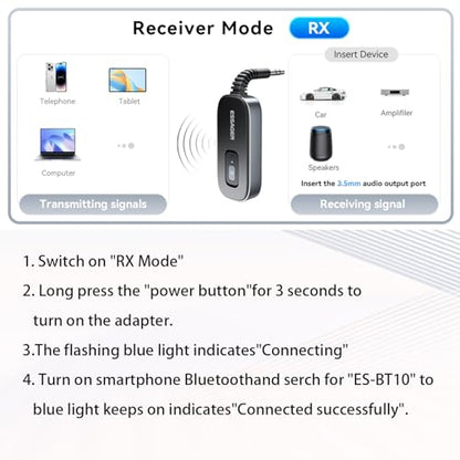 ESSAGER Bluetooth Receiver for Car, Noise Cancelling 3.5mm AUX Bluetooth Car Adapter, Wireless Audio Receiver Transmitter for Home Stereo/Wired Headphones Airplane, Gray - color: Gray