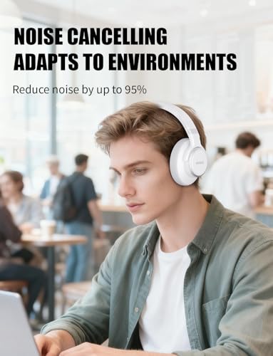 KVIDIO Hybrid Active Noise Cancelling Headphones Over Ear | Bluetooth Wireless ANC 70H Playtime, Transparency Mode, Microphone, Deep Bass, HiFi Stereo Sound for Home, Travel, Office - color: White