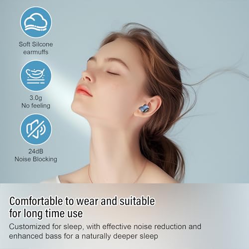 Sleep Earbuds Bluetooth 5.4 in Ear Light-Weight Headphones, Mini Sleep Headphones Small Design for Side Sleepers, 47H Playtime with Charging Case, Clear Calls Earphones, Haze Blue