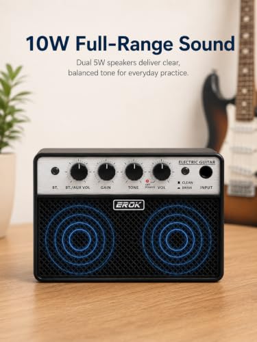 EROK BA-10E Mini Electric Guitar Amp, 10W Portable Practice Amplifier | Bluetooth 5.1, Clean/Drive modes, headphone/AUX input, 3000mAh battery for home and portable practice