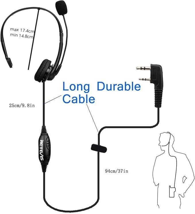 Retevis Overhead Walkie Talkie Headset, Boom Mic, for RT22/RT68/RT21/H777 | Adjustable Headband, 2 Pin, Compatible with Pxton, Baofeng, Kenwood Walkie Talkie, Walkie Talkie Earpiece with Mic (1 Pack)